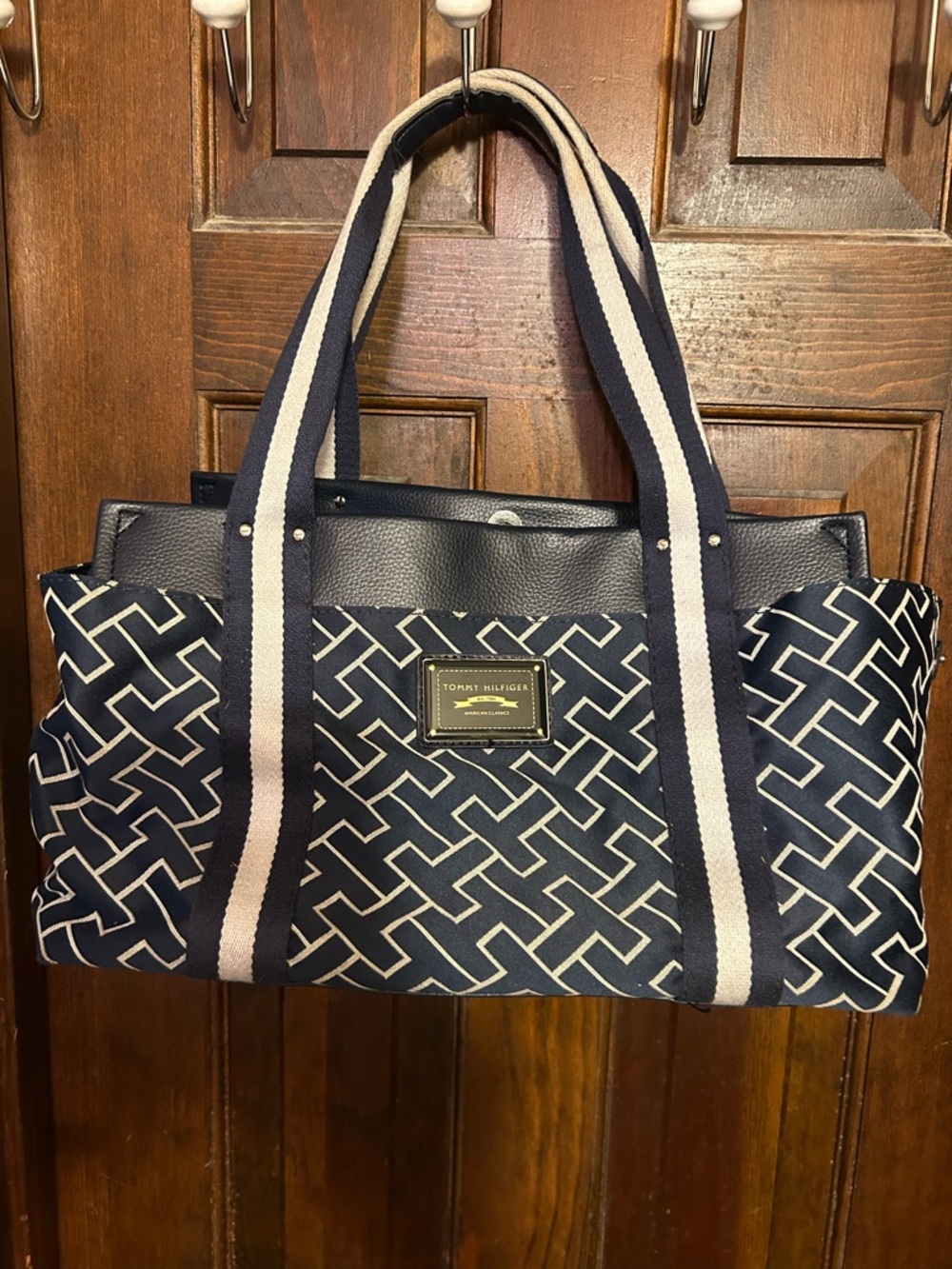 Tommy Hilfiger Navy and White Geometric Tote